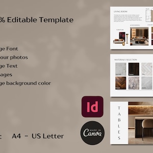 Pode incluir: Um modelo de design com o texto "100% Modelo Edit&aacute;vel". Inclui op&ccedil;&otilde;es para alterar a fonte, adicionar fotos, texto e p&aacute;ginas e alterar a cor de fundo. Inclui os logotipos Canva e Adobe InDesign, e o tamanho &eacute; A4 - US Letter.