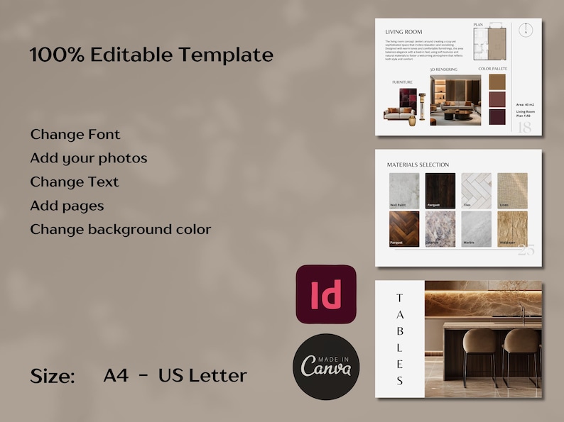 Pode incluir: Um modelo de design com o texto "100% Modelo Edit&aacute;vel". Inclui op&ccedil;&otilde;es para alterar a fonte, adicionar fotos, texto e p&aacute;ginas e alterar a cor de fundo. Inclui os logotipos Canva e Adobe InDesign, e o tamanho &eacute; A4 - US Letter.