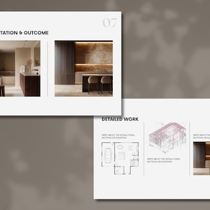 Puede incluir: Dos diapositivas de una presentaci&oacute;n sobre dise&ntilde;o de interiores. La primera diapositiva, titulada "Presentaci&oacute;n y resultado", presenta dos im&aacute;genes de cocinas y ba&ntilde;os modernos. La segunda diapositiva, titulada "Trabajo detallado", incluye planos y renders arquitect&oacute;nicos.