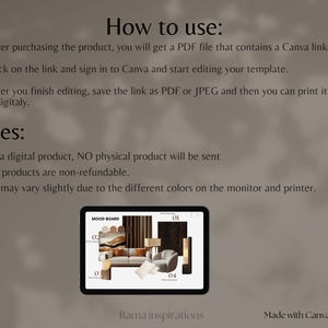 Puede incluir: Imagen que muestra instrucciones para usar un producto digital. El texto explica c&oacute;mo acceder y editar una plantilla a trav&eacute;s de un enlace de Canva despu&eacute;s de la compra. Una tableta muestra un dise&ntilde;o de mood board con elementos de mobiliario y decoraci&oacute;n.