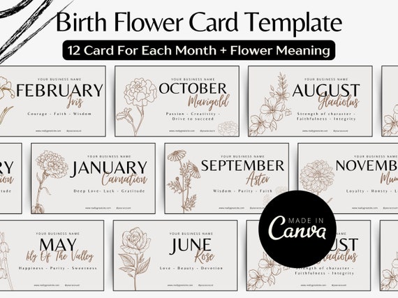 Birth Flower Card Template Birthflower Meaning Editable Card For Birth Flower Gifts Flower Of The Month Card For Jewellery Tumbler Mugs Gift