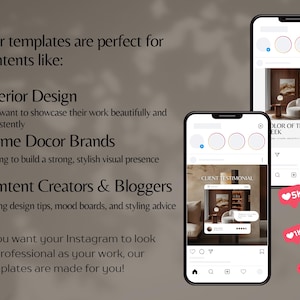 Pu&ograve; includere: Due smartphone che mostrano modelli Instagram con temi di interior design. Il testo sull'immagine recita: "I nostri modelli sono perfetti per contenuti come: Interior Design, Home Decor Brands, Content Creators & Bloggers."