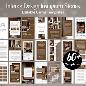 Può includere: Una raccolta di modelli di storie di Instagram per l'interior design, con uno schema di colori marrone e bianco. I modelli includono testo e immagini relative alla consulenza di progettazione, omaggi e domande frequenti. L'immagine include anche il testo "60+ Templates".