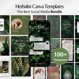 Puede incluir: Un conjunto de plantillas de redes sociales para herboristas. El diseño presenta una variedad de gráficos verdes y blancos, que incluyen imágenes de plantas, superposiciones de texto y una maqueta de teléfono inteligente. El texto incluye frases como "Workshop Participants Review" y "100+ Templates."