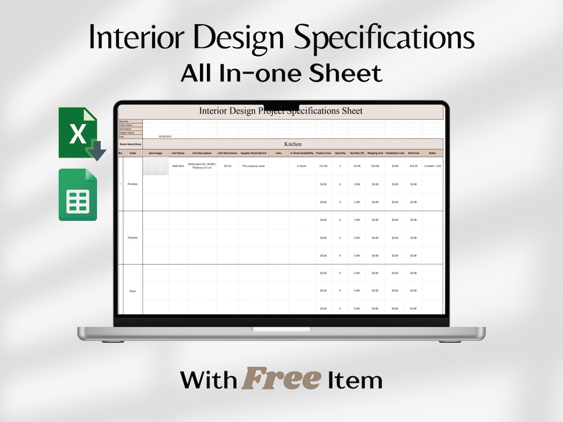Interior Design Specification Google Sheets Excel Template FFE Interior ...