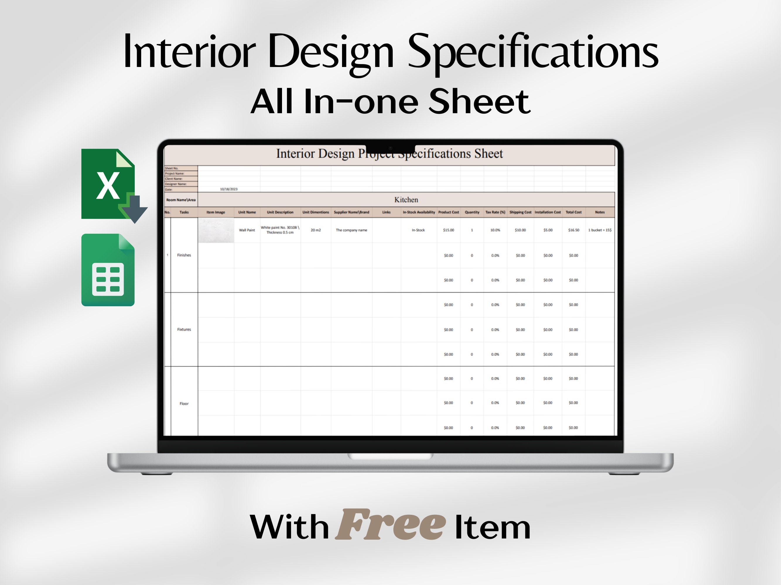Interior Design Specification Google Sheets Excel Template FFE Interior Design Project Management Spreadsheet Home Renovation Budget Tracker