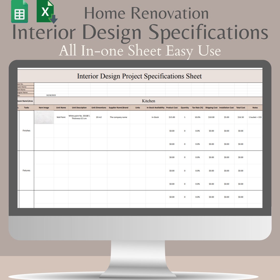 Interior Design Specifications Template Excel Template FFE Interior 