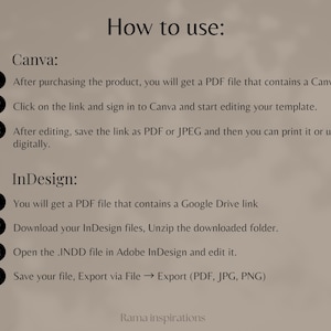 Pode incluir: Gr&aacute;fico bege com instru&ccedil;&otilde;es sobre como usar um produto com Canva e InDesign. O texto detalha as etapas para editar e salvar arquivos em formatos PDF, JPG e PNG. O gr&aacute;fico inclui o texto "Rama inspirations" na parte inferior.