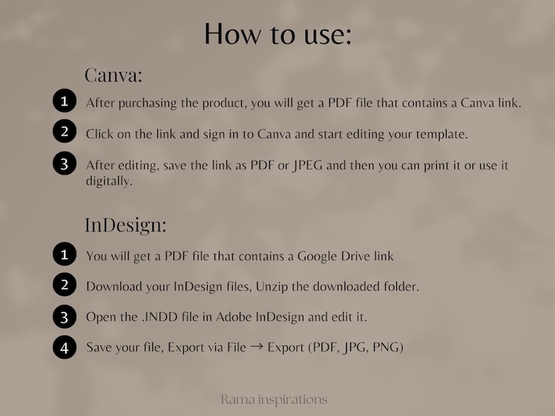 Pode incluir: Gr&aacute;fico bege com instru&ccedil;&otilde;es sobre como usar um produto com Canva e InDesign. O texto detalha as etapas para editar e salvar arquivos em formatos PDF, JPG e PNG. O gr&aacute;fico inclui o texto "Rama inspirations" na parte inferior.