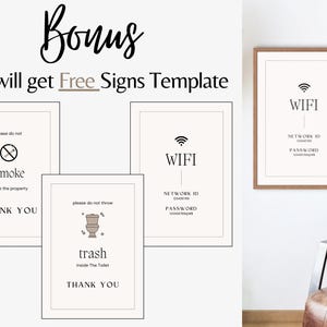 May include: A collection of framed signs with text, including "Smoke," "Trash," and "WiFi." The signs are in a minimalist style with a neutral color palette, suitable for various settings. The image also includes the text "Bonus You will get Free Signs Template."
