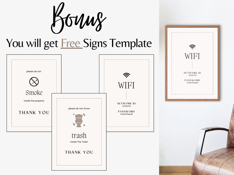 May include: A collection of framed signs with text, including "Smoke," "Trash," and "WiFi." The signs are in a minimalist style with a neutral color palette, suitable for various settings. The image also includes the text "Bonus You will get Free Signs Template."
