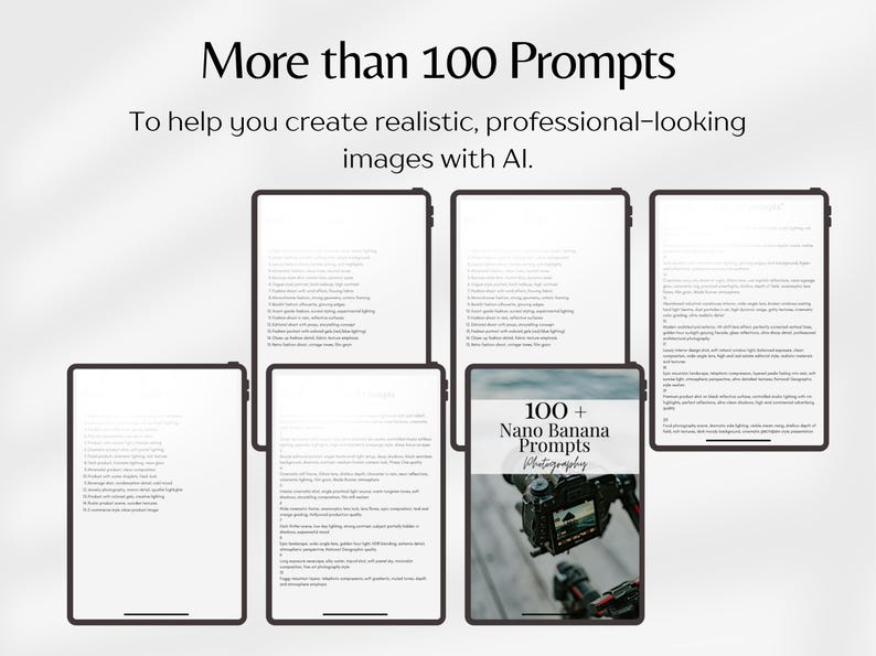 May include: Image featuring several tablets displaying text, with the words "More than 100 Prompts" and "To help you create realistic, professional-looking images with AI." The image also includes the text "100+ Nano Banana Prompts Photography."