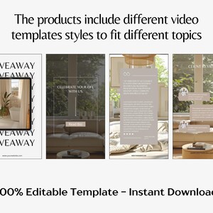 May include: Image showcasing four social media templates with text overlays. The templates feature interior design scenes and text such as "GIVEAWAY" and "CELEBRATE YOUR LIFE WITH US." The bottom of the image reads "100% Editable Template - Instant Download."