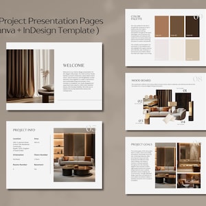 Pode incluir: Um modelo de apresenta&ccedil;&atilde;o digital com o texto "50 Project Presentation Pages (Canva + InDesign Template)". As p&aacute;ginas apresentam elementos de design de interiores, paletas de cores e mood boards. O esquema de cores inclui tons de castanho e bege.