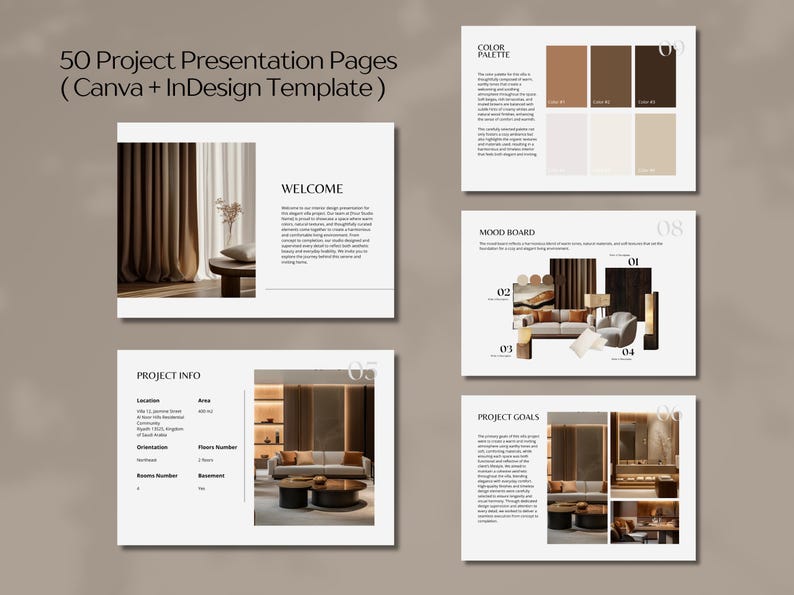 Pode incluir: Um modelo de apresenta&ccedil;&atilde;o digital com o texto "50 Project Presentation Pages (Canva + InDesign Template)". As p&aacute;ginas apresentam elementos de design de interiores, paletas de cores e mood boards. O esquema de cores inclui tons de castanho e bege.