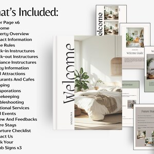 May include: A stack of welcome guide templates with a minimalist design. The main book cover says "Welcome" in large black letters. Other pages include "Welcome Guide", "Future Stays", and "Reviews and Feedback".