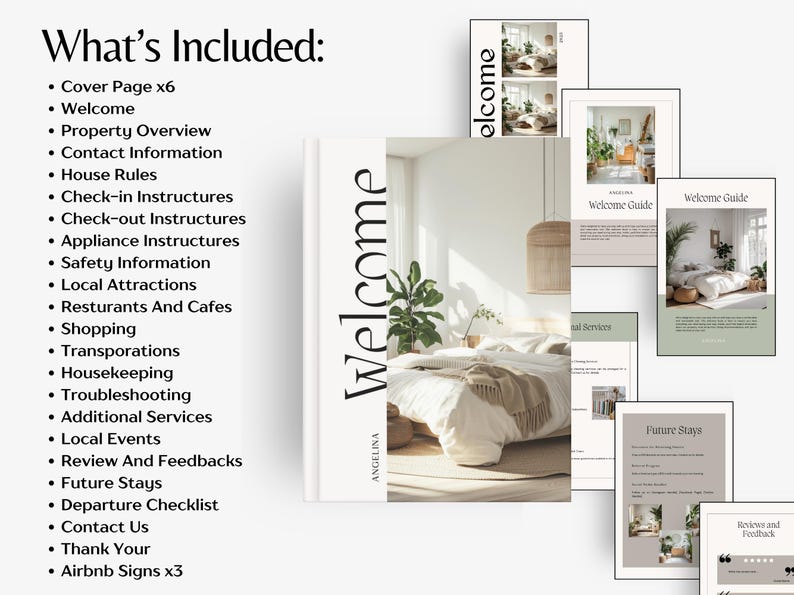 May include: A stack of welcome guide templates with a minimalist design. The main book cover says "Welcome" in large black letters. Other pages include "Welcome Guide", "Future Stays", and "Reviews and Feedback".