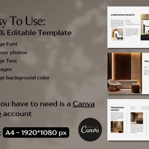 Puede incluir: Una presentaci&oacute;n de plantilla digital con el texto "Easy To Use: 100% Editable Template". La plantilla incluye opciones para cambiar fuentes, agregar fotos, texto, p&aacute;ginas y color de fondo. El logotipo de Canva es visible. El tama&ntilde;o es A4 - 1920*1080 px.