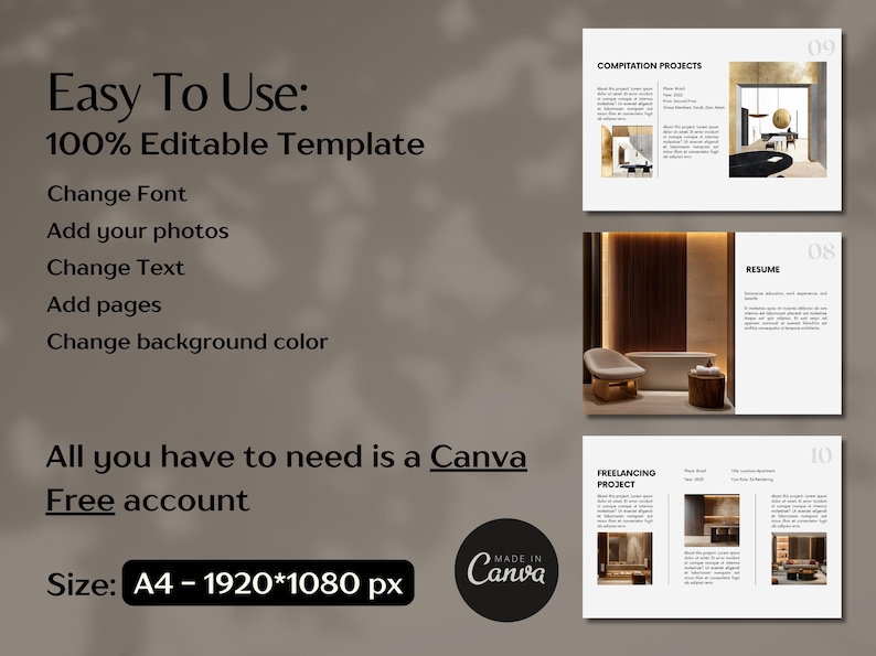 Puede incluir: Una presentaci&oacute;n de plantilla digital con el texto "Easy To Use: 100% Editable Template". La plantilla incluye opciones para cambiar fuentes, agregar fotos, texto, p&aacute;ginas y color de fondo. El logotipo de Canva es visible. El tama&ntilde;o es A4 - 1920*1080 px.