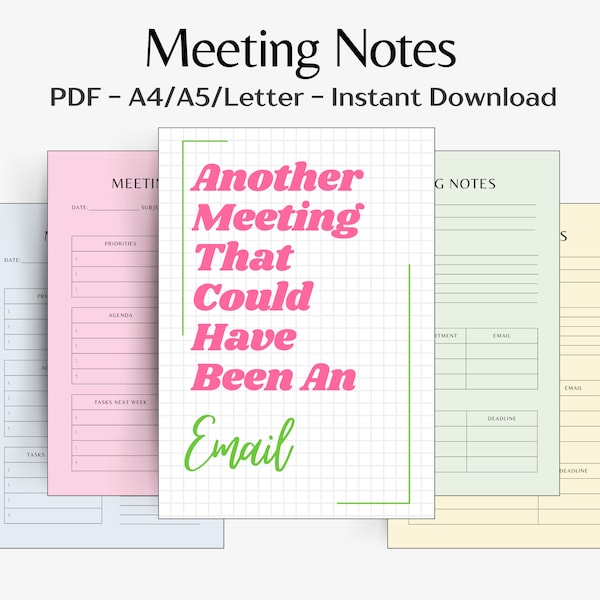 Meeting Notes Planner - Digital Work Meeting Minutes - Printable Work Note Taking Sheets - Colorful Agenda - Funny Work Quotes -Office Gifts