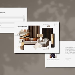 Puede incluir: Dise&ntilde;o de presentaci&oacute;n con un mood board que presenta elementos de dise&ntilde;o de interiores, que incluyen un sof&aacute;, un sill&oacute;n y objetos decorativos. El dise&ntilde;o tambi&eacute;n incluye una tabla de contenido, informaci&oacute;n de contacto y el t&iacute;tulo "Senior Interior Designer".