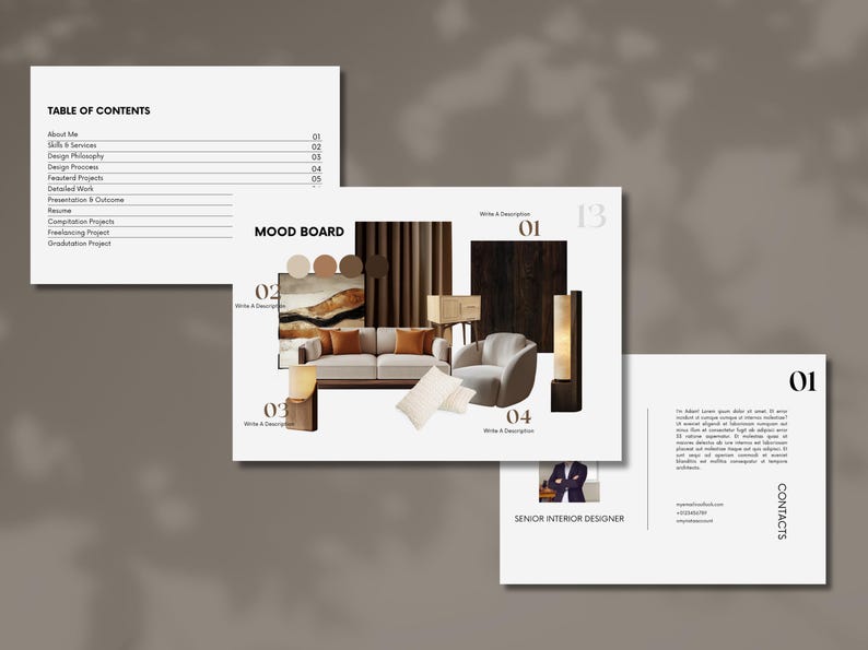 Puede incluir: Dise&ntilde;o de presentaci&oacute;n con un mood board que presenta elementos de dise&ntilde;o de interiores, que incluyen un sof&aacute;, un sill&oacute;n y objetos decorativos. El dise&ntilde;o tambi&eacute;n incluye una tabla de contenido, informaci&oacute;n de contacto y el t&iacute;tulo "Senior Interior Designer".