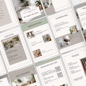 May include: A collection of informational cards with a minimalist design. The cards feature headings like "Additional Services," "Local Events," and "Shopping." The color palette includes beige, white, and olive green, with text in a simple, readable font.