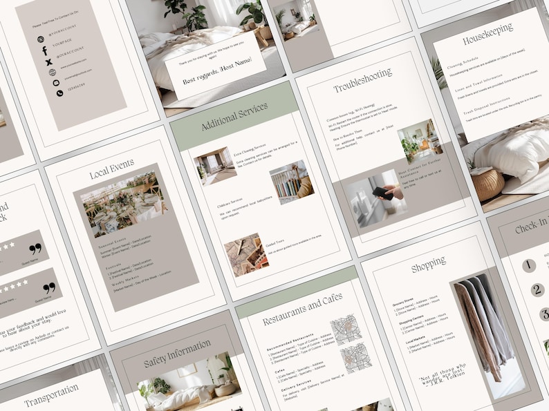 May include: A collection of informational cards with a minimalist design. The cards feature headings like "Additional Services," "Local Events," and "Shopping." The color palette includes beige, white, and olive green, with text in a simple, readable font.