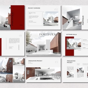 May include: A portfolio presentation layout with a modern architectural theme. The design incorporates images of buildings, text, and a red accent color. The slides include sections for project overview, software skills, and a graduation project.