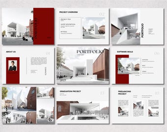 May include: A portfolio presentation layout with a modern architectural theme. The design incorporates images of buildings, text, and a red accent color. The slides include sections for project overview, software skills, and a graduation project.