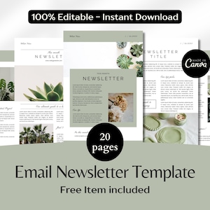 Może przedstawiać: Szablon newslettera e-mail z minimalistycznym designem. Obraz przedstawia kilka stron w jasnej zieleni i bieli, z motywami roślinnymi oraz tekstem "NEWSLETTER" i "Email Newsletter Template". Szablon zawiera 20 stron.