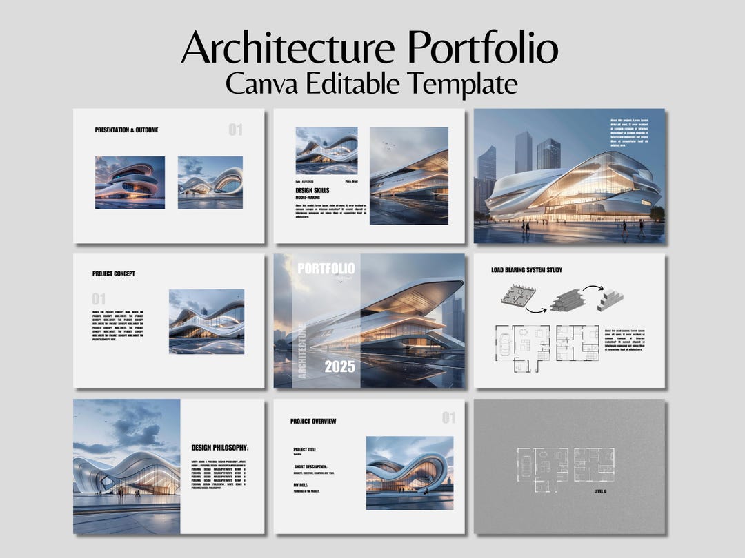 Architecture Portfolio Template, Canva Architecture Template, Project ...