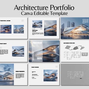 Może przedstawiać: Cyfrowy szablon prezentacji do portfolio architektonicznego. Projekt zawiera obrazy nowoczesnych budynków, diagramy i tekst. Tytuł "Architecture Portfolio" i tekst "Canva Editable Template" znajdują się na górze.