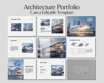 May include: A digital presentation template for an architecture portfolio. The design features images of modern buildings, diagrams, and text. The title "Architecture Portfolio" and the text "Canva Editable Template" are at the top.