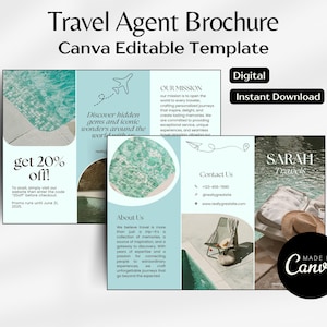 Op de afbeelding: Een sjabloon voor een reisbureau-brochure met een blauw en groen kleurenschema. De brochure bevat een foto van een zwembad, een stoel en een hoed. De tekst op de brochure luidt "Ontdek verborgen juweeltjes en iconische wonderen over de hele wereld met ons." en "Krijg 20% korting!" De brochure bevat ook de tekst "Onze missie", "Over ons", "Contact" en "Sarah Reizen".