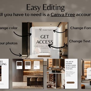 Pu&ograve; includere: Una pubblicit&agrave; per risorse di interior design. L'immagine include il testo "Easy Editing" e "Get Access". Mostra anche esempi di progetti e suggerimenti di interior design. Il testo dice anche "Change color", "Change Font", "Change Text" e "Add your photos".