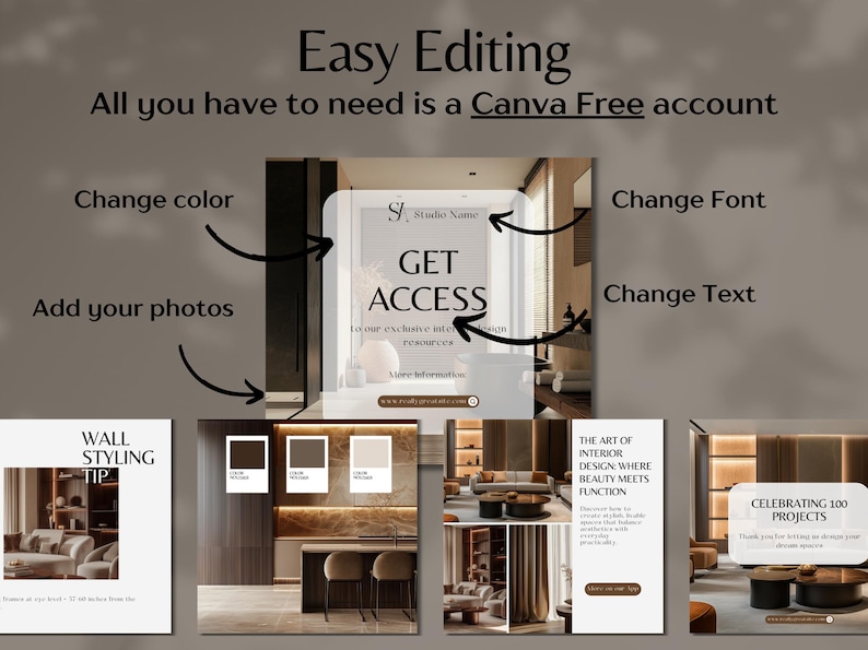Pu&ograve; includere: Una pubblicit&agrave; per risorse di interior design. L'immagine include il testo "Easy Editing" e "Get Access". Mostra anche esempi di progetti e suggerimenti di interior design. Il testo dice anche "Change color", "Change Font", "Change Text" e "Add your photos".