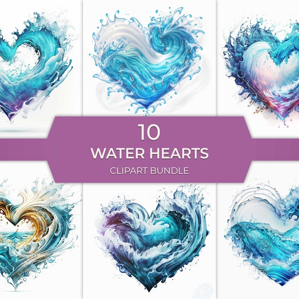 10 Water Hearts Clipart with Full Commercial Use, 300 DPI PNGs, Blue, Ocean Waves and Water Splashes Forming a Decorative Heart Illustration