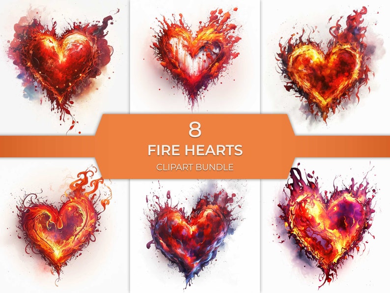 8 Fire Hearts Clipart With Full Commercial Use, 300 DPI Pngs, Red and