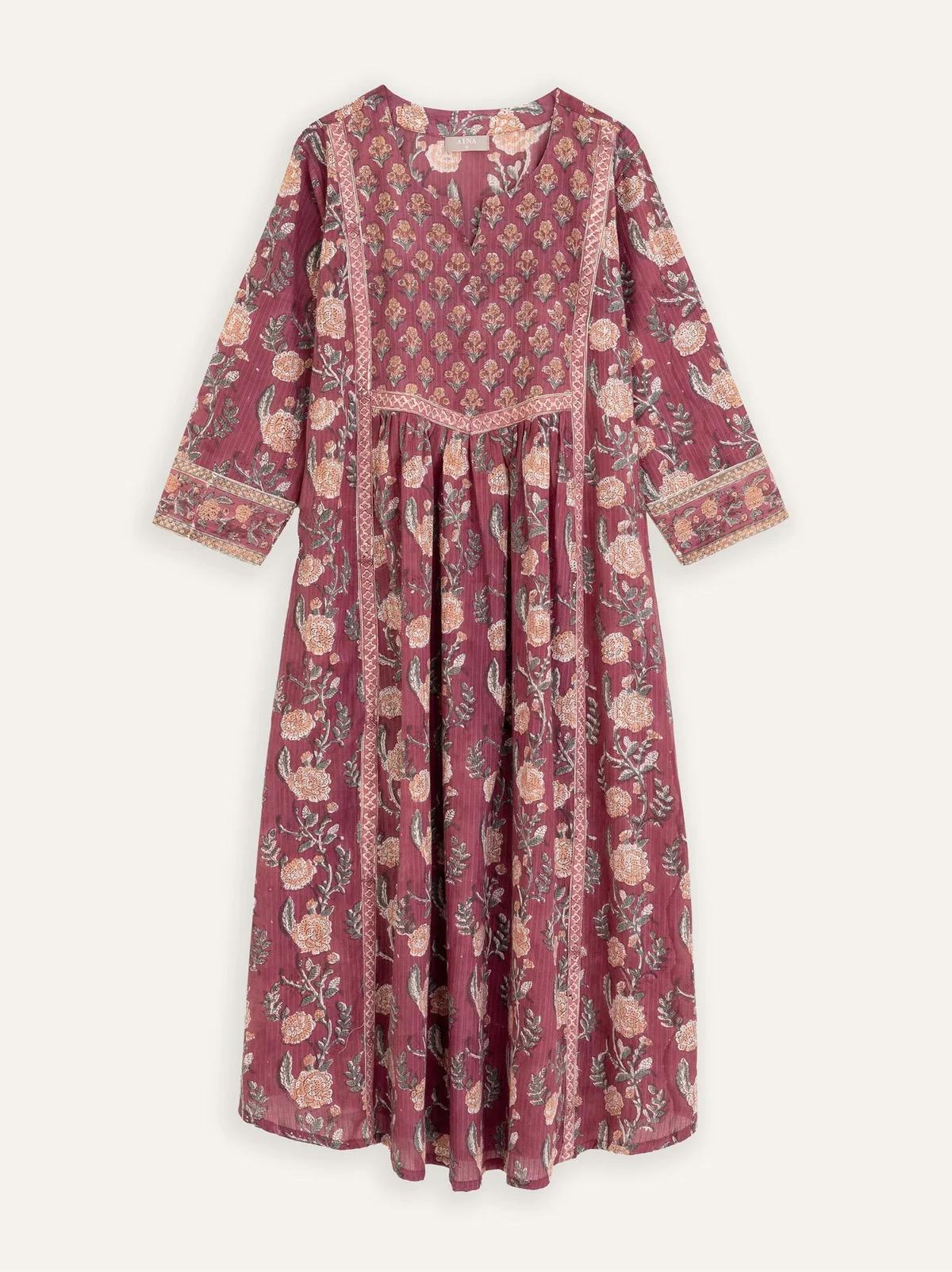 Grey and Maroon Printed Organic Cotton A-line Kurta with Pockets