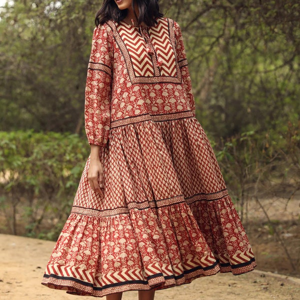 Brick red hand block printed & pure hand- made 100% cotton balloon sleeve summer dress