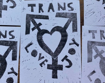 trans love and joy a6 linocut print