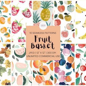 Pacote de papel de frutas | Artigos sobre frutas de verão | Gráficos Digitais de Frutas | Padrões sem costura | Papéis de Banana | Papéis Cereja | Artigos da Apple | JPEG