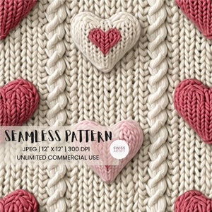 Gestrickte Herzen | 3D Muster | Stricktextur | Druckbare nahtlose Datei | Stoff Sublimation | Liebe-Wiederholungsdatei | Valentine Herzen Kulisse