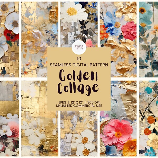 Floral Digital Pattern Pack | Golden Collage | Seamless Textures | Junk Journal Kit | Scrapbooking Bundle | Mixed Media Papers | Shabby Chic