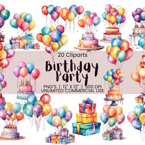 Lot de cliparts fête d&#39;anniversaire | Gâteau aquarelle présente des images de ballons | Décorations d&#39;anniversaire ou invitations | Arrière-plan transparent PNG