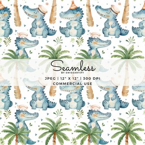 Cocodrilo sin costuras / Patrón repetitivo / Papel digital acuarela / Impresión linda de guardería / Sublimación de animales / Decoración de baby shower / Tarjetas