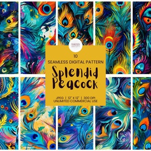 Peacock Digital Paper | Seamless Feather Textures | Vibrant Digital Patterns For Commercial Use | Printable For Crafting | Instant Download