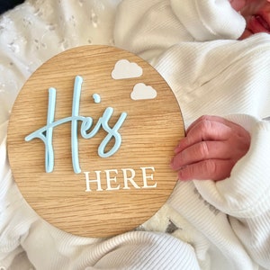 Double Sided Announcement Plaque, He&#39;s Here, She&#39;s Here Plaque, It&#39;s a Girl, It&#39;s a Boy, Birth Announcement, Baby Arrival Sign, Hello World