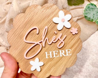 Handmade Baby Girl Announcement Plaque: Oak Veneer, Pink Acrylic